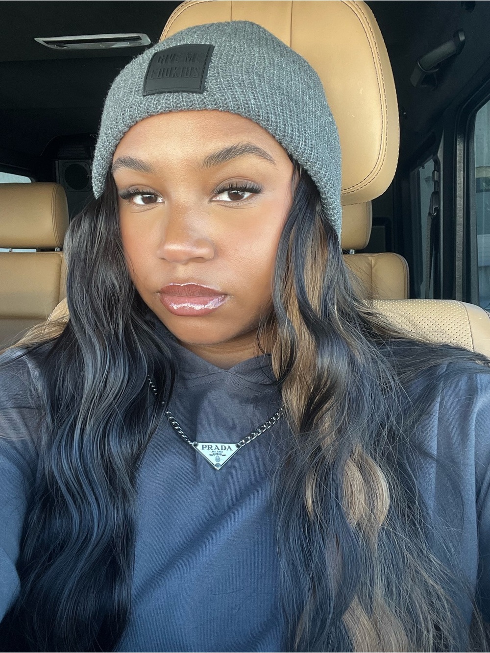 Grey Knit Beanie synthetic wig 26” highlights with Leather Patch